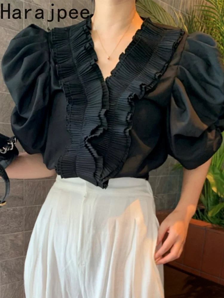Рубашка в дворцовом стиле Harajpee с V-образным вырезом, сращенными оборками, свободная однотонная элегантная летняя новинка, Женский пуловер, т... 
Рубашка в дворцовом стиле Harajpee с V-образным вырезом, сращенными оборками, свободная однотонная элегантная летняя новинка, Женский пуловер, т...