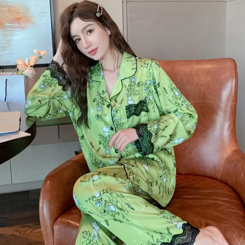 Sexy Lace Patchwork Shirt&pants 2Pcs Women Green Pajamas Set Casual Sleepwear Rayon Long Home Clothes Turn Down Collar Nightwear
Sexy Lace Patchwork Shirt&pants 2Pcs Women Green Pajamas Set Casual Sleepwear Rayon Long Home Clothes Turn Down Collar Nightwear