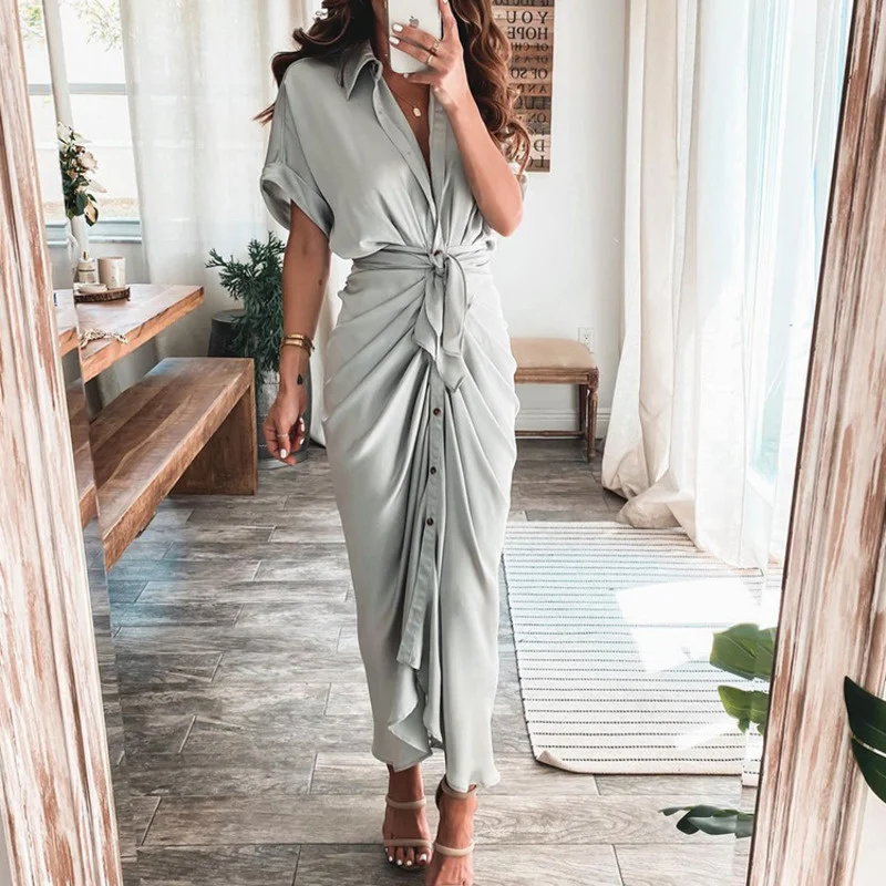 Women's Short Sleeve Dress Summer Fashion Turn-down Collar V Neck Famale Party Skirts Elegant Button Office Lady Shirt Dresses
Women's Short Sleeve Dress Summer Fashion Turn-down Collar V Neck Famale Party Skirts Elegant Button Office Lady Shirt Dresses