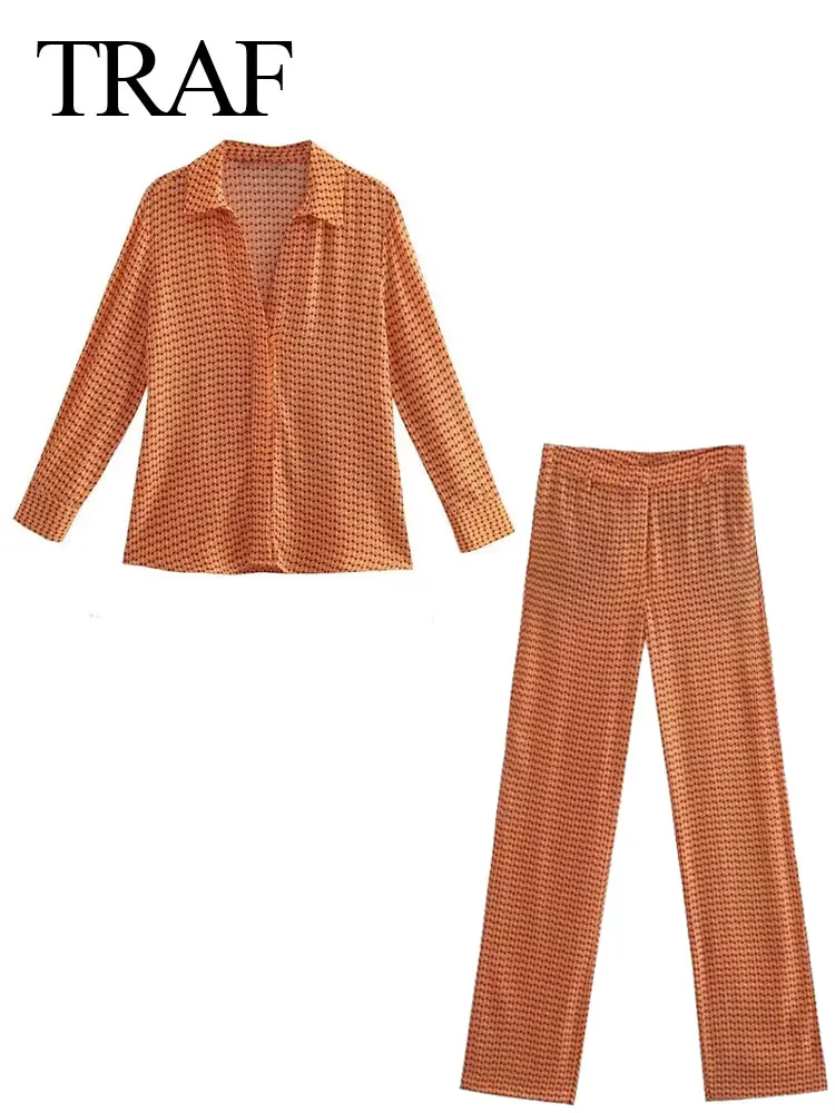 TRAF Fashion Office Shirt Set Geometric Graphic Print Orange Lapel Long Sleeve Button + Trousers Plaid Ladies Straight Pants
TRAF Fashion Office Shirt Set Geometric Graphic Print Orange Lapel Long Sleeve Button + Trousers Plaid Ladies Straight Pants