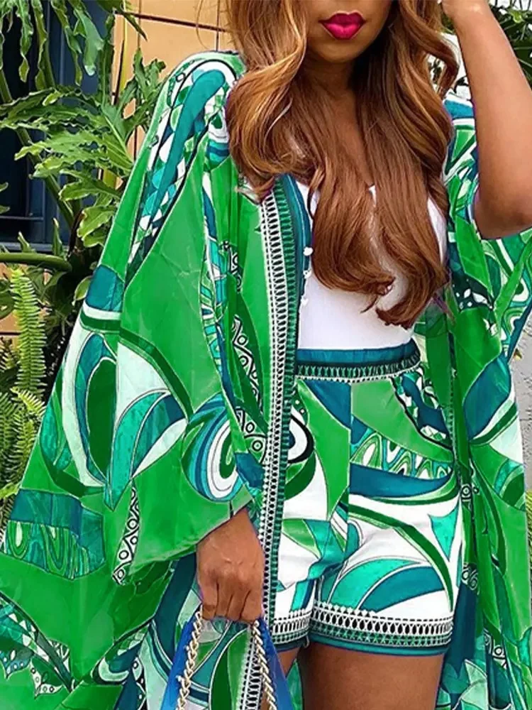 2022 Spring Summer Pattern Print Chiffon Suit Women Vintage Loose Long Cloak Cardigan With Shorts Outfits Casual Two-piece Sets 
2022 Spring Summer Pattern Print Chiffon Suit Women Vintage Loose Long Cloak Cardigan With Shorts Outfits Casual Two-piece Sets
