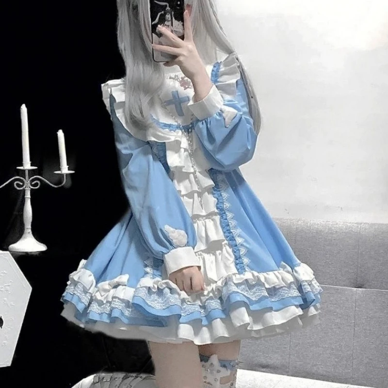 Japanese Gothic Lolita OP Dress Women Kwaii Bow Ruffles Blue White Patchwork Princess Dresses Girl Harajuku Tea Party Mini Dress
Japanese Gothic Lolita OP Dress Women Kwaii Bow Ruffles Blue White Patchwork Princess Dresses Girl Harajuku Tea Party Mini Dress