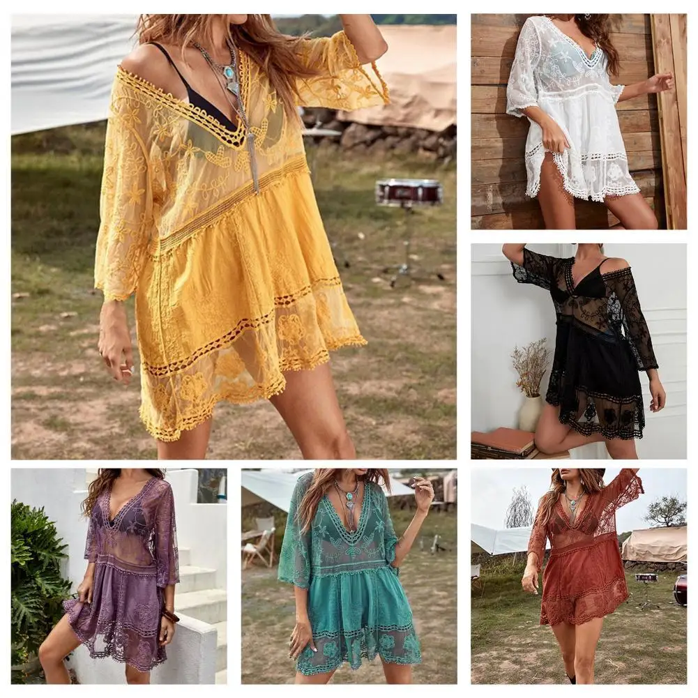 Women Swimsuit Cover Up Sheer Sexy Lace Tunic Pareo Swimwear Solid Color Deep V Neck Lace Quick Dry Swimwear Dress for Swimming
Women Swimsuit Cover Up Sheer Sexy Lace Tunic Pareo Swimwear Solid Color Deep V Neck Lace Quick Dry Swimwear Dress for Swimming