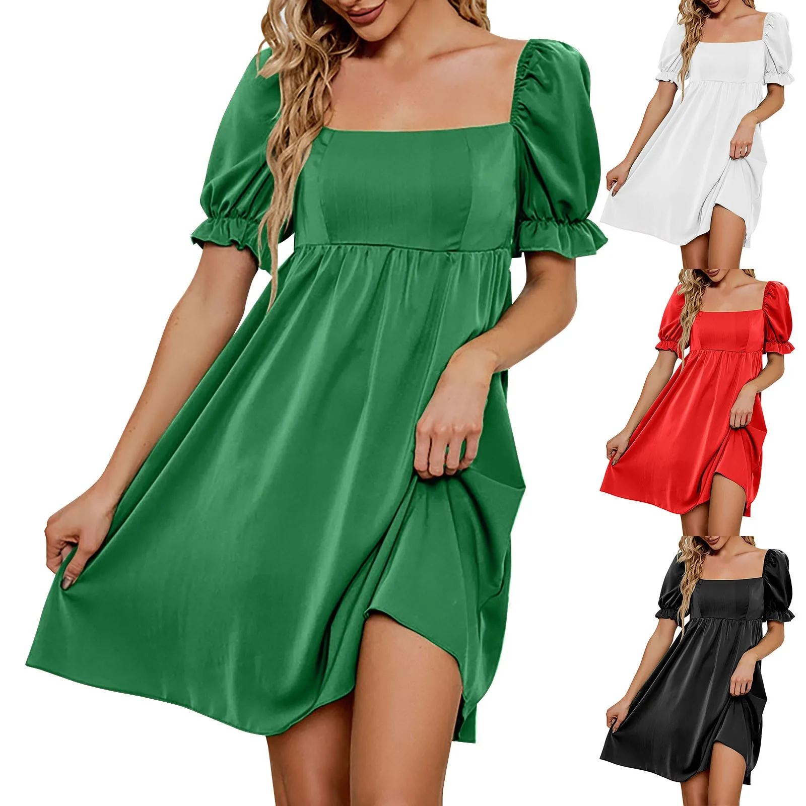 Женское однотонное платье с коротким рукавом и высокой талией
Женское однотонное платье с коротким рукавом и высокой талией