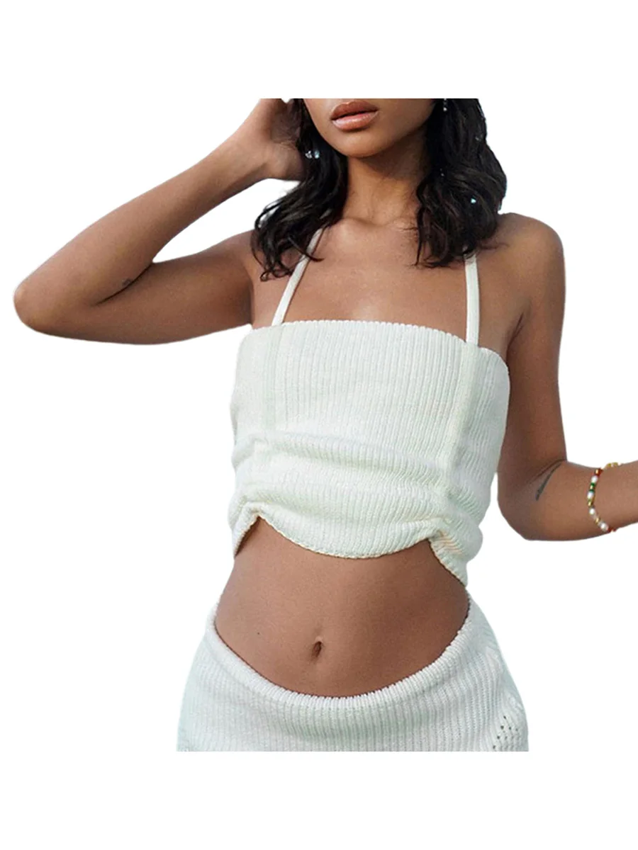 

Women Halterneck Sleeveless Tops Slim Fit Summer Casual Solid Color Rib Knit Bandeau Crop Tops Streetwear