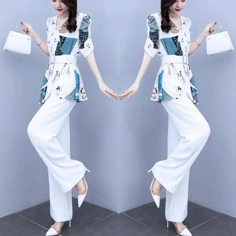 2022 Women's Summer Fashion Two-piece Sets Female V-neck Printed Shirt Tops Ladies High Waist Loose Wide-leg Pants Suits W110
2022 Women's Summer Fashion Two-piece Sets Female V-neck Printed Shirt Tops Ladies High Waist Loose Wide-leg Pants Suits W110