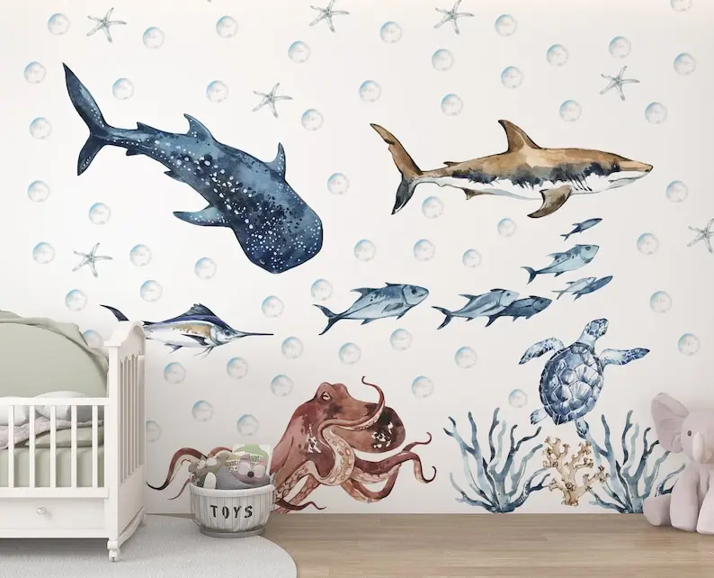 Ocean Animals Wall Decal for Kids and Nursery, sea animals wall sticker, Sticker Set Shark, sea Turtle, Watercolor Peel and stic
Ocean Animals Wall Decal for Kids and Nursery, sea animals wall sticker, Sticker Set Shark, sea Turtle, Watercolor Peel and stic