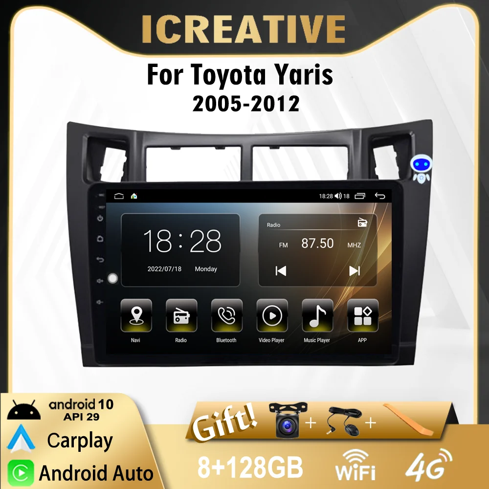 

Автомагнитола 2 Din, 9 дюймов, для Toyota Yaris 2005-2012, 4G Carplay, мультимедийный видеоплеер, Android-навигация, GPS, Wi-Fi, FM, головное устройство