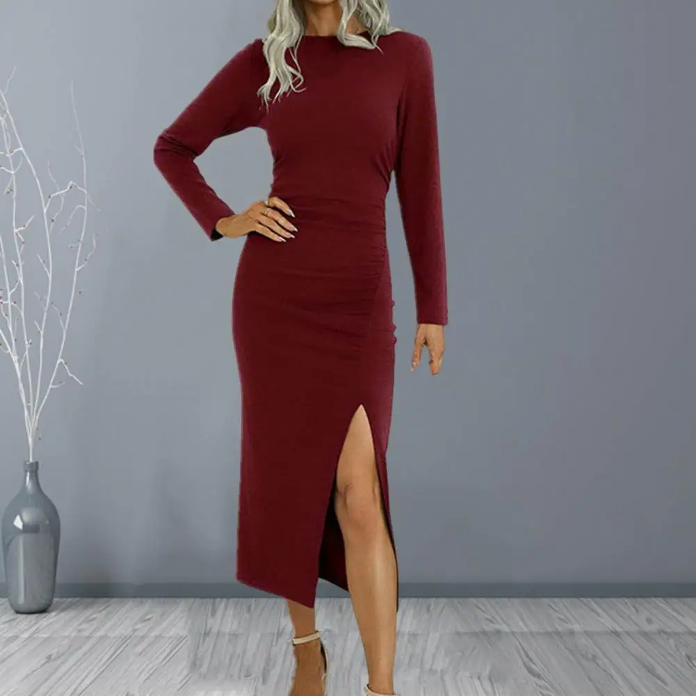 Women Spring Dress High Split Solid Color Round Neck Soft Long Sleeves Warm Slim Fit Lady Spring Prom Dress Female Clothes
Women Spring Dress High Split Solid Color Round Neck Soft Long Sleeves Warm Slim Fit Lady Spring Prom Dress Female Clothes