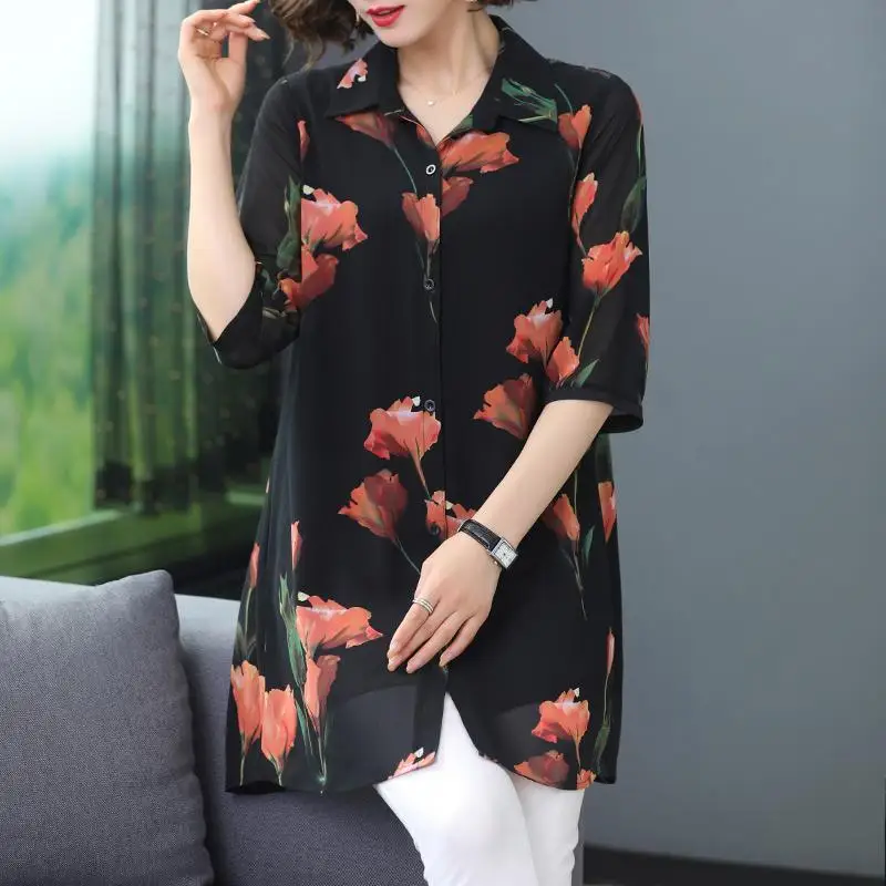 

2023 Spring Women's Clothing Medium and Long Short Sleeve Lapel Single-breasted Fashion Vintage Folk Loose Korean Version Shirt