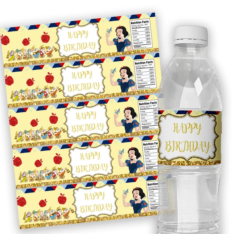 

6pcs Snow White Theme Custom Water Bottle Stickers Labels Kids Baby Shower Birthday Decor Supplies Princess Party Baptism Wraps