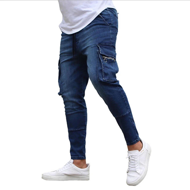 

Men's Multi-pocket Zipper Embellished Stretch Jeans Amazon European American Cargo Cowboy Pencil Pants Hip Hop Tooling Jeans