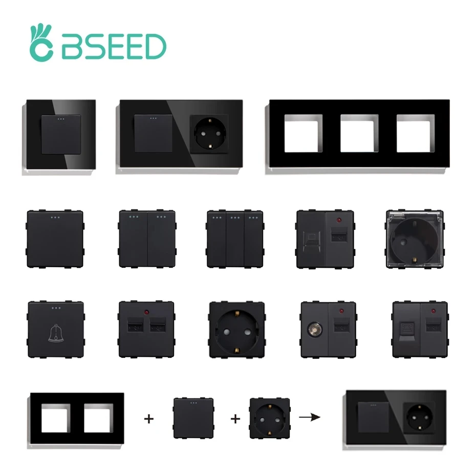 

BSEED Wall Light Switches Module Parts Glass Frames Black USB Sockets Function DIY EU CAT5 TV Sockets ST TEL Power Outlet Parts
