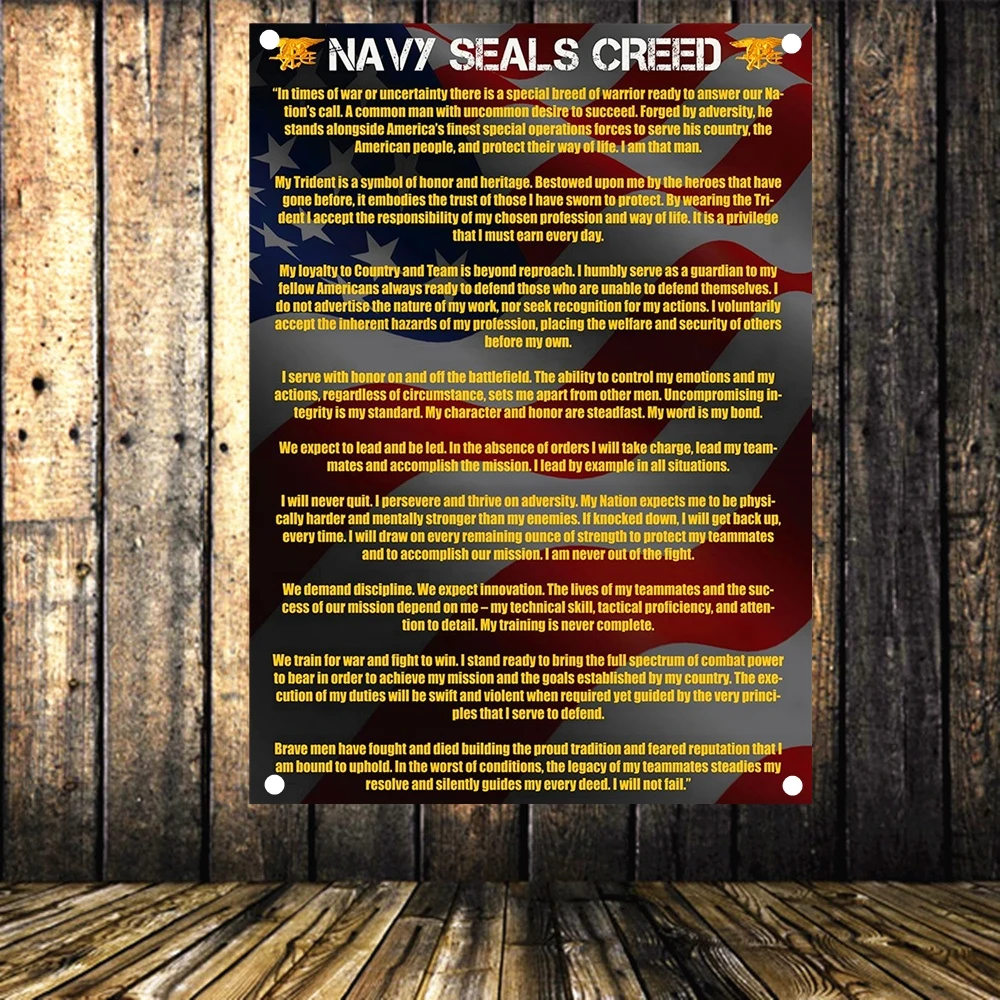 

NAVY SEALS CREED American Flag Banner Art Home Decor Hanging flag 4 Gromments in Corners Wall Art Canvas Painting Mural