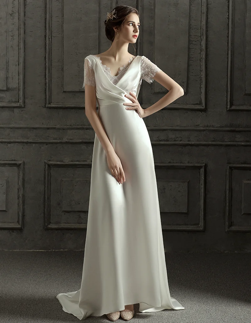 

2023 New Design Lace Sleeve Italy Satin Wedding Dress Sweep Train Simple Backless V-Neck Garden Bride Gown Vestidos De Novia