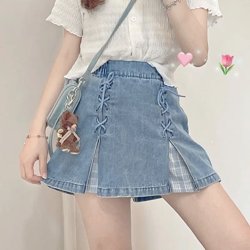 2022 Spring Japanese Split Kawaii Denim Skirt Women Patchwork Korean Fashion Sweet Mini Skirt Shorts Bandage Casual Plaid Skirt
2022 Spring Japanese Split Kawaii Denim Skirt Women Patchwork Korean Fashion Sweet Mini Skirt Shorts Bandage Casual Plaid Skirt