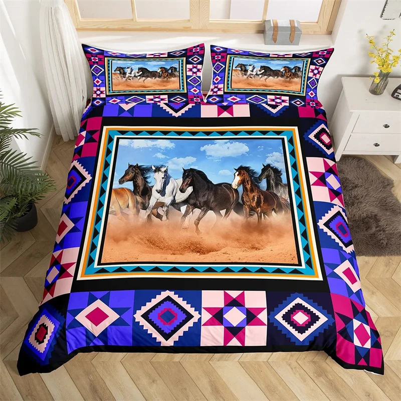 

Galloping Horse Duvet Cover Farmhouse Animal Bedding Set Boho Geometry Comforter Cover Ethnic Tribe Arrow Aztec Lattice Bed Set