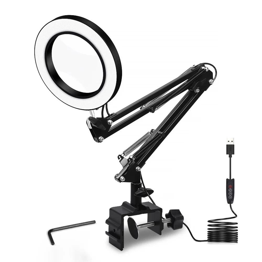 

New Flexible Desk Large 22cm+22cm 5X USB LED Magnifying Glass 3 Colors Illuminated Magnifier Lamp Loupe Reading/Rework Soldering