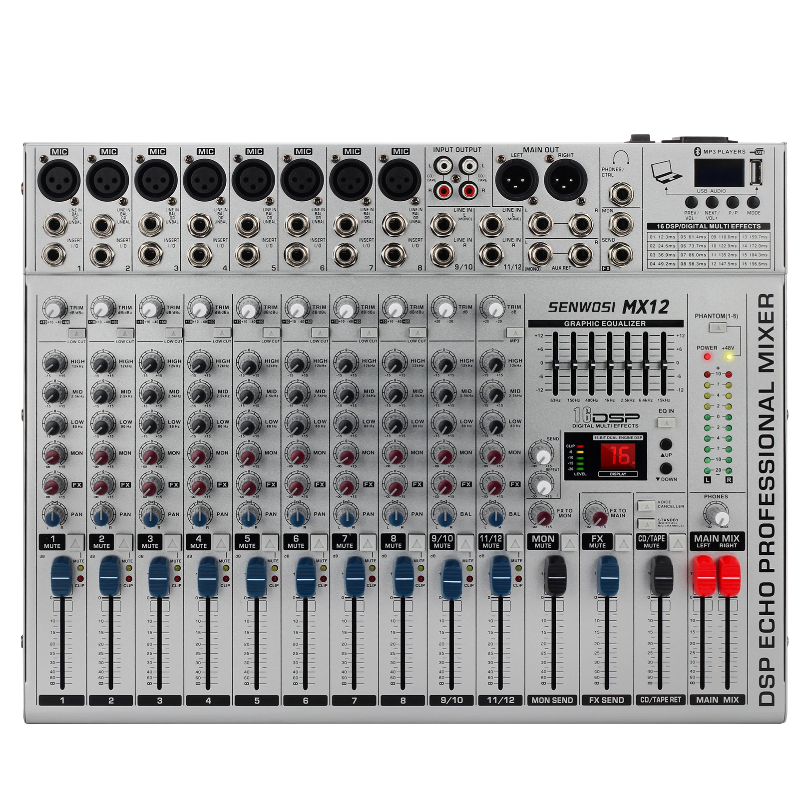 SENWOIS MX12/6 Audio Mixing Console Sound Table Board with12 Channel, USB, Bluetooth, Digital MP3 Computer Input, 48V Phantom
SENWOIS MX12/6 Audio Mixing Console Sound Table Board with12 Channel, USB, Bluetooth, Digital MP3 Computer Input, 48V Phantom