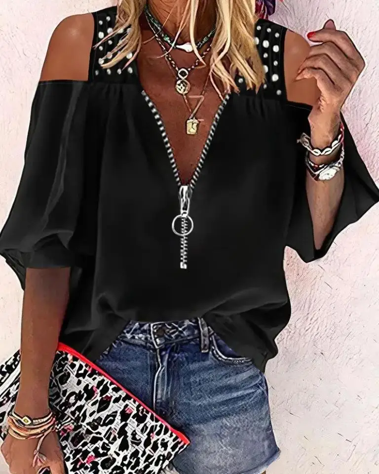 Summer Tops for Women Loose Oversize Gothic T-Shirt Beaded Decor Zip Front Cold Shoulder Top Female Streetwear Short Sleeve
Summer Tops for Women Loose Oversize Gothic T-Shirt Beaded Decor Zip Front Cold Shoulder Top Female Streetwear Short Sleeve