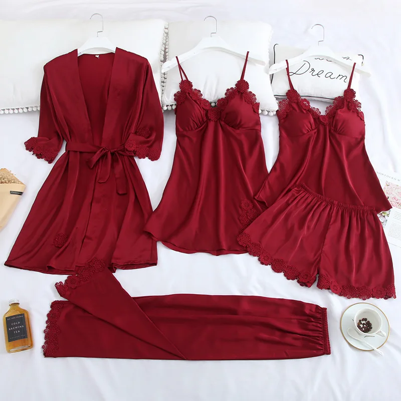 Sexy Pijama Bathrobe Satin Womens Gown Nightie Pajamas Lace Spring Wear Burgundy Set Suit Robe V-neck Sleepwear Home Sleep
Sexy Pijama Bathrobe Satin Womens Gown Nightie Pajamas Lace Spring Wear Burgundy Set Suit Robe V-neck Sleepwear Home Sleep