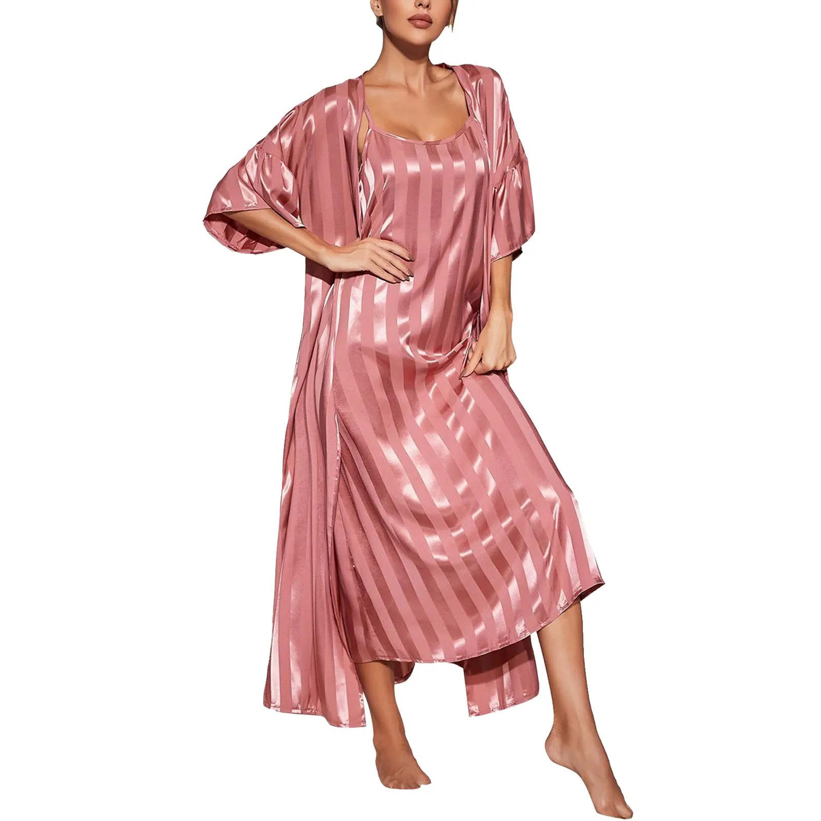 Solid Color Striped Satin Robe Femmes Women Sexy Nightwear Sleepwear 2 Pcs Set Pajamas Women Bath Robes
Solid Color Striped Satin Robe Femmes Women Sexy Nightwear Sleepwear 2 Pcs Set Pajamas Women Bath Robes