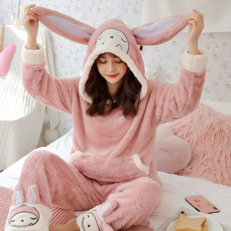 Winter Female Sleepwear Pajamas Set Thickened Coral Fleece Cartoon Pyjama Trouser Suits Warm Hooded Flannel Home Wear Loungewear
Winter Female Sleepwear Pajamas Set Thickened Coral Fleece Cartoon Pyjama Trouser Suits Warm Hooded Flannel Home Wear Loungewear