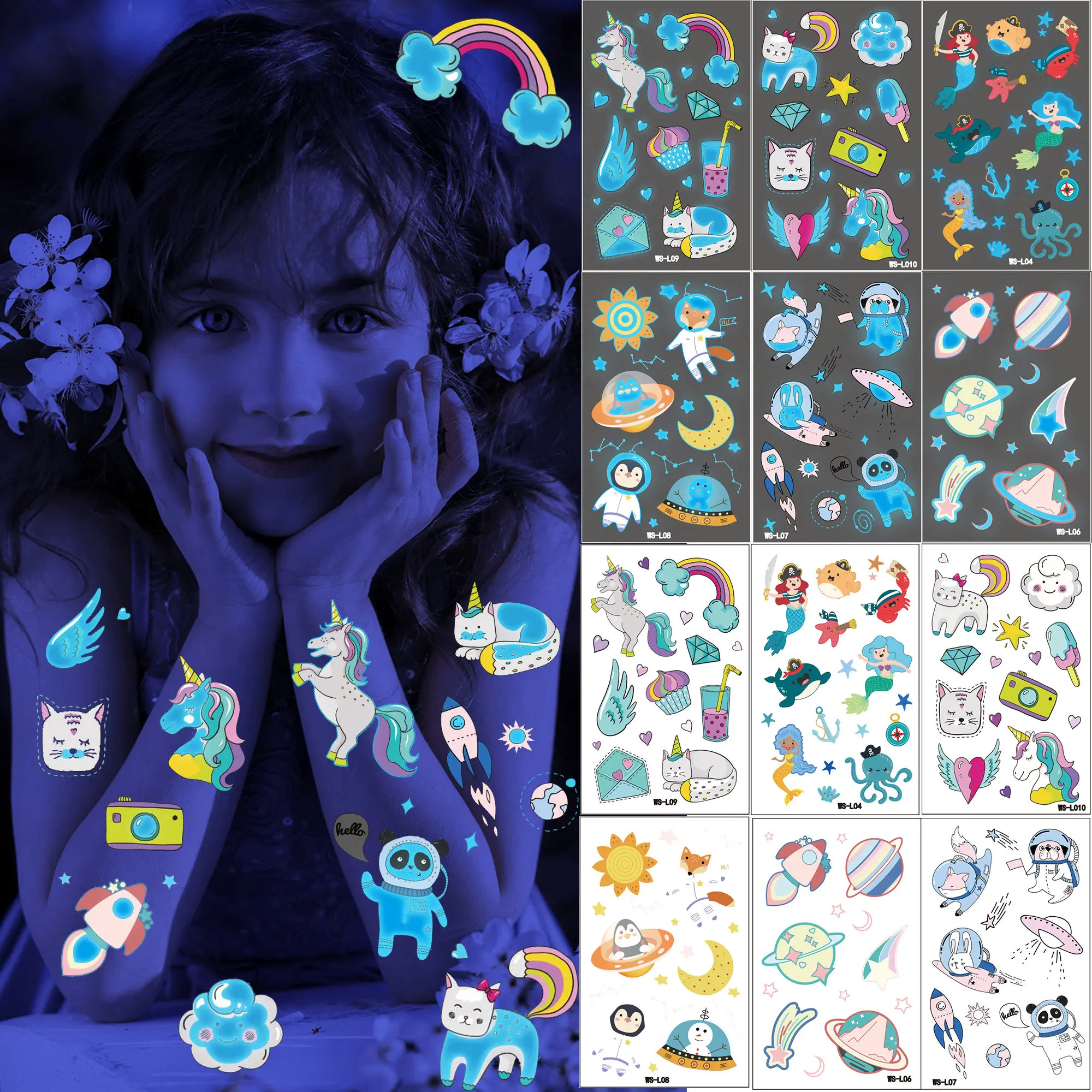 Blue Luminous Unicorn Temporary Tattoos For Girls Teens Glow In Dark Rainbow Planet Sun Fake Tattoo Sticker Boys Panda Tatoos 3D
Blue Luminous Unicorn Temporary Tattoos For Girls Teens Glow In Dark Rainbow Planet Sun Fake Tattoo Sticker Boys Panda Tatoos 3D