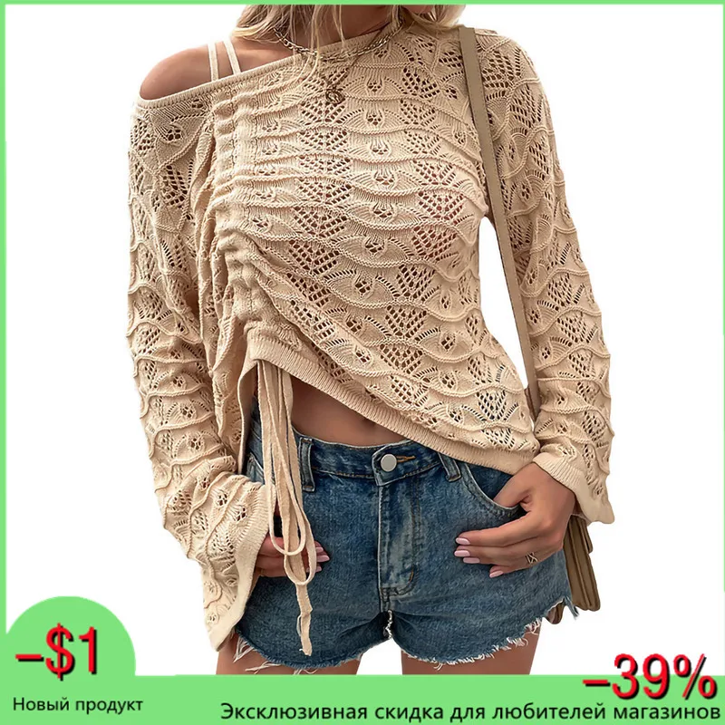 Women T-shirts Crop Tops Sexy Fashion Crochet Hollow Out Long Sleeve Drawstring Loose Pullover Knitted T-shirt for Ladies 
Women T-shirts Crop Tops Sexy Fashion Crochet Hollow Out Long Sleeve Drawstring Loose Pullover Knitted T-shirt for Ladies