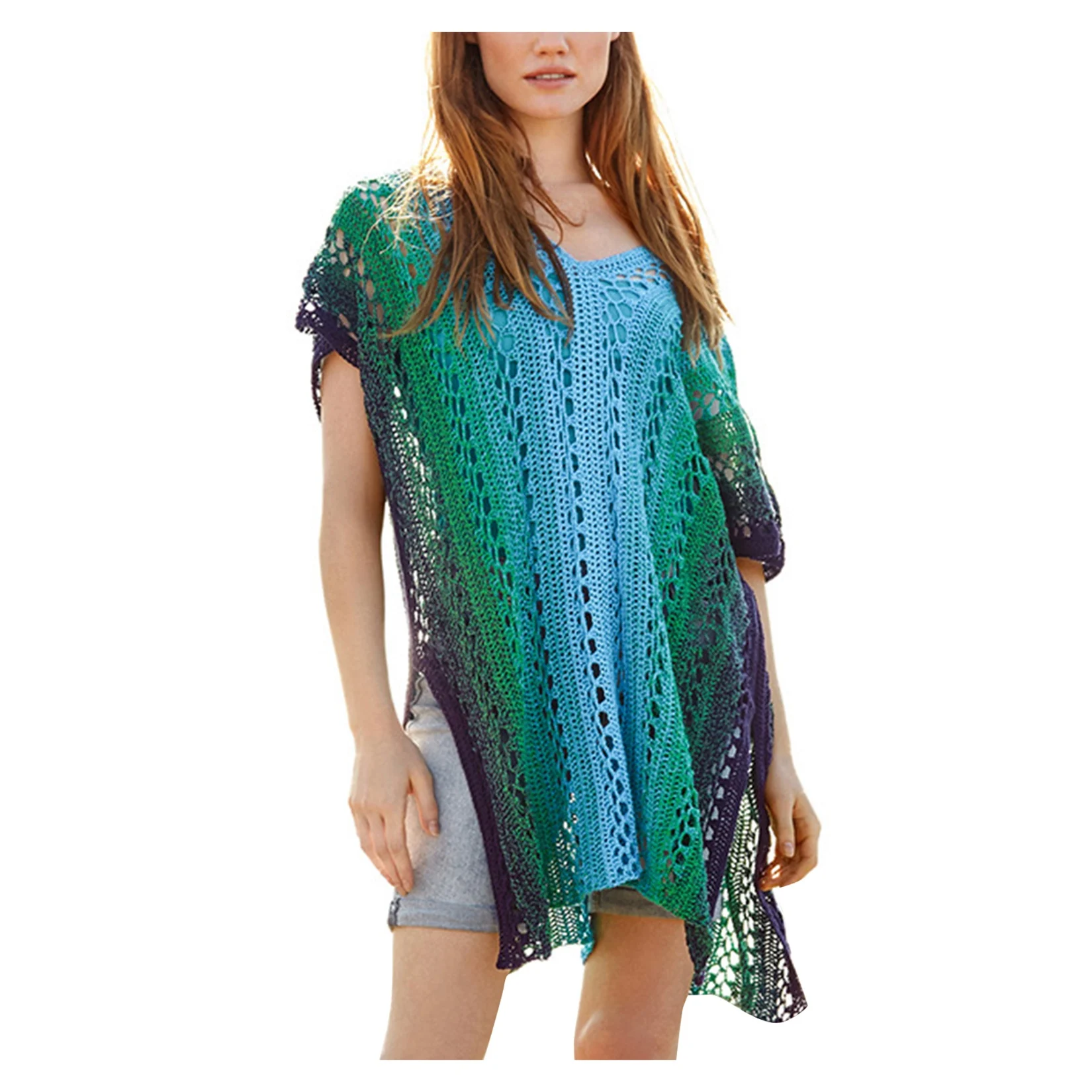 

Women's Knitted Bikini Beach Swimwear Cover Ups Gradient Crochet Dress Swimsuit Coverups Sunscreen Pullover Bathing Suit Smock