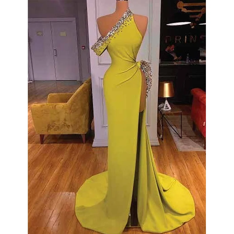 Sexy Formal Prom Dresses One Shoulder Soft Satin High Side Slit Evening Gown Floor-Length Beading Custom Made Robes De Soirée
Sexy Formal Prom Dresses One Shoulder Soft Satin High Side Slit Evening Gown Floor-Length Beading Custom Made Robes De Soirée