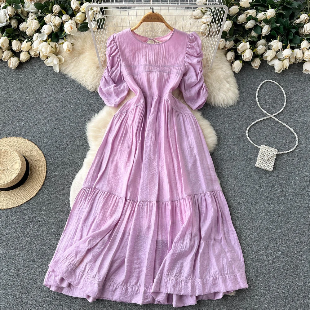 French Retro Solid Color Short Sleeve A-line Dress Women's New Fashion Summer Round Neck High Waist Thin Backless Vestidos F082
French Retro Solid Color Short Sleeve A-line Dress Women's New Fashion Summer Round Neck High Waist Thin Backless Vestidos F082