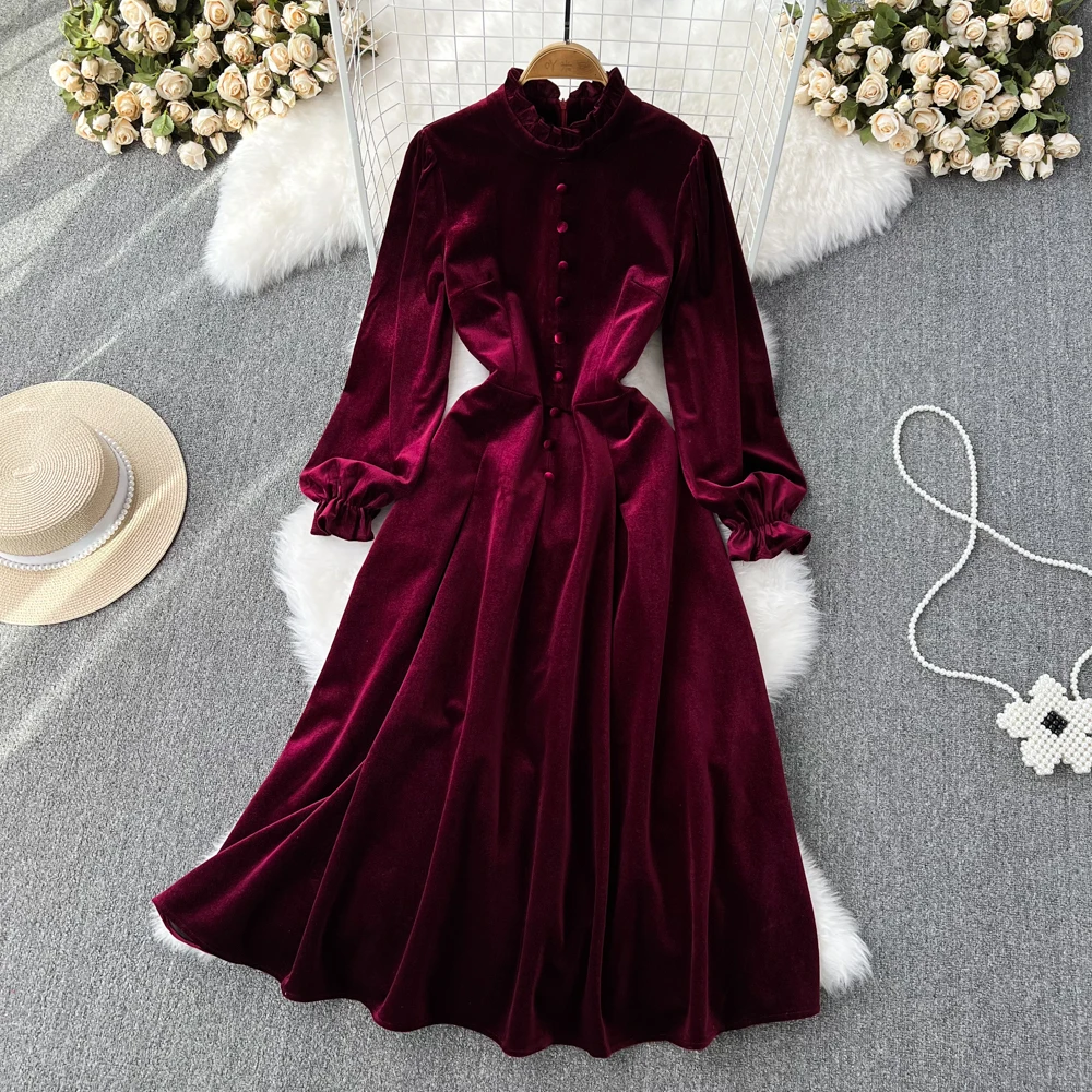 Autumn Vintage Midi Dress for Women Velvet Puff Sleeve Draped Elegant Vestidos Big Swing Stand Collar Tarf Party Chic 2022 New
Autumn Vintage Midi Dress for Women Velvet Puff Sleeve Draped Elegant Vestidos Big Swing Stand Collar Tarf Party Chic 2022 New