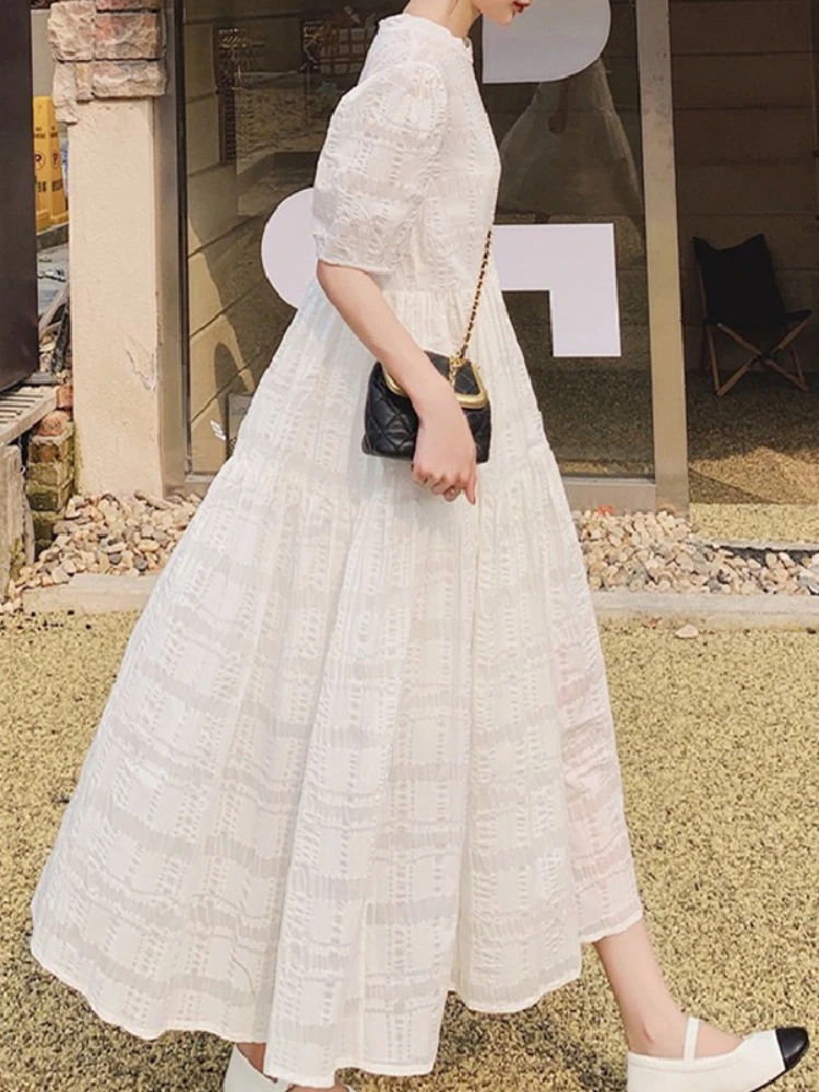 

Женская юбка с коротким рукавом, повседневное элегантное свободное платье-трапеция с круглым вырезом, красивое белое платье в стиле бохо во французском стиле, Новинка лета 2023