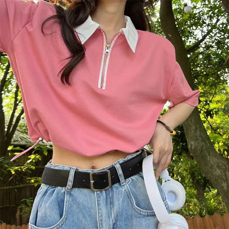 Pink Turndown Collar Short Sleeve T-Shirt Women 2023 Summer Zipper Drawstring Crop Tops Woman Casual Solid Color Streetwear Top
Pink Turndown Collar Short Sleeve T-Shirt Women 2023 Summer Zipper Drawstring Crop Tops Woman Casual Solid Color Streetwear Top