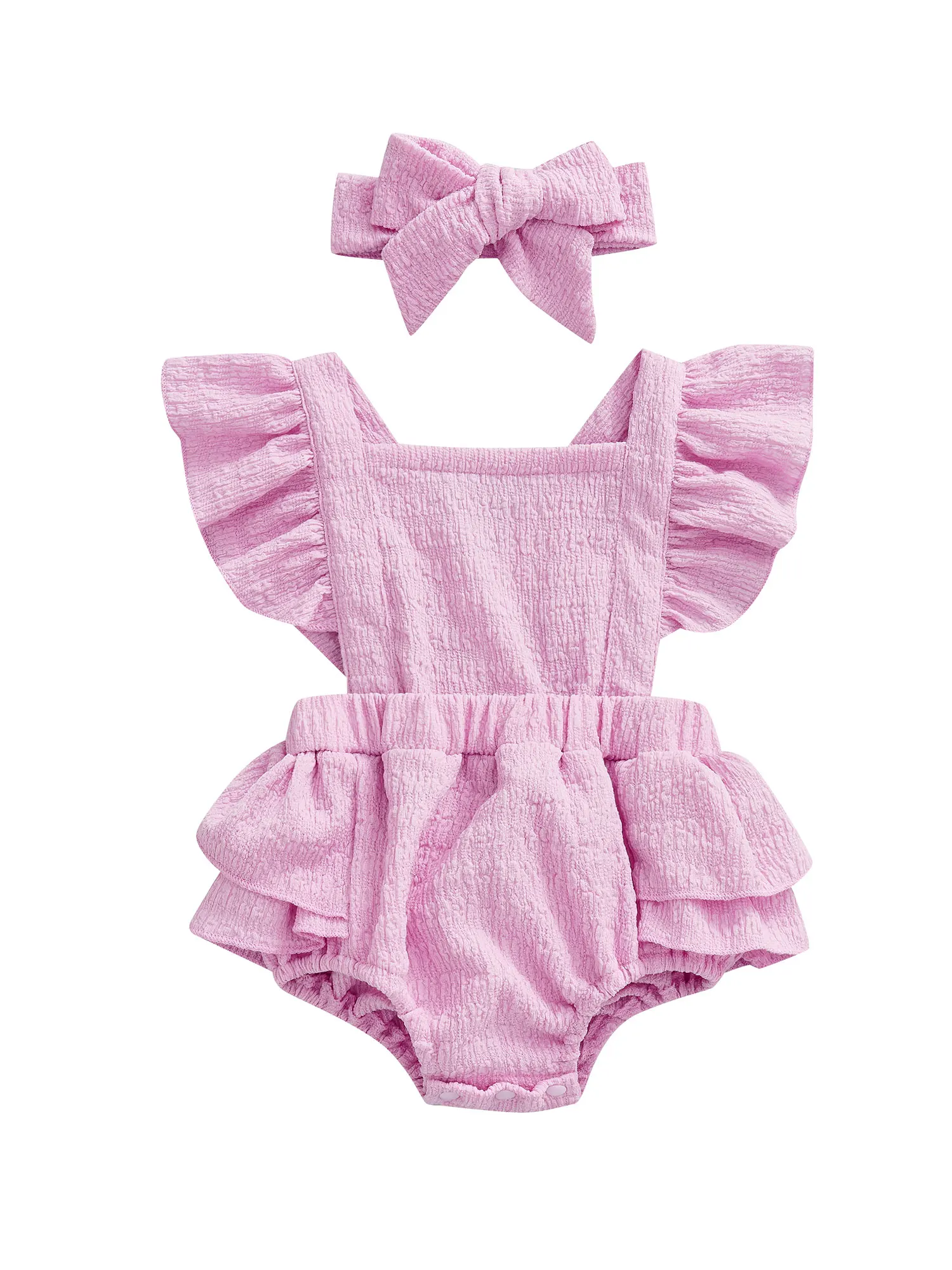 

Baby Girl Romper Headband Set Square Neck Fly Sleeve Solid Color Elastic Waist Crotch Snap Bodysuit Bow Hairband