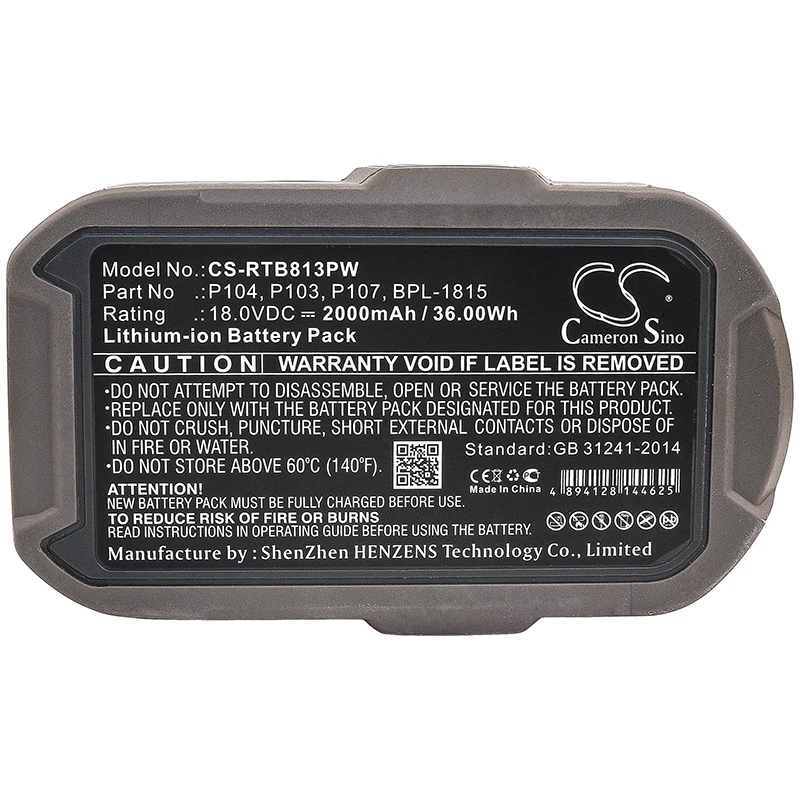 CS 2000mAh Battery For Ryobi BPL-1815 BPL18151 BPL1820 BPL-1820G P102 P103 P104 P105 P106 P107 P108 P193 P194 ZRP813
CS 2000mAh Battery For Ryobi BPL-1815 BPL18151 BPL1820 BPL-1820G P102 P103 P104 P105 P106 P107 P108 P193 P194 ZRP813