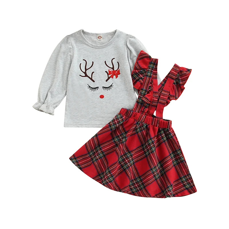 2 Pcs Toddler Christmas Outfits, Girls Elk Print Puff Sleeve Round Neck Pullover + Plaid Ruffle Suspender Skirt 
2 Pcs Toddler Christmas Outfits, Girls Elk Print Puff Sleeve Round Neck Pullover + Plaid Ruffle Suspender Skirt