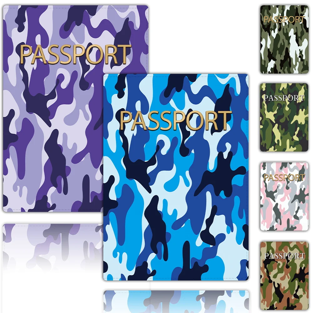 

Pu Leather Passport Sleeve Men Travel ID Holder Cred-Card Storage Cover Secure Sleeve Camouflage Print Waterproof Protector Case