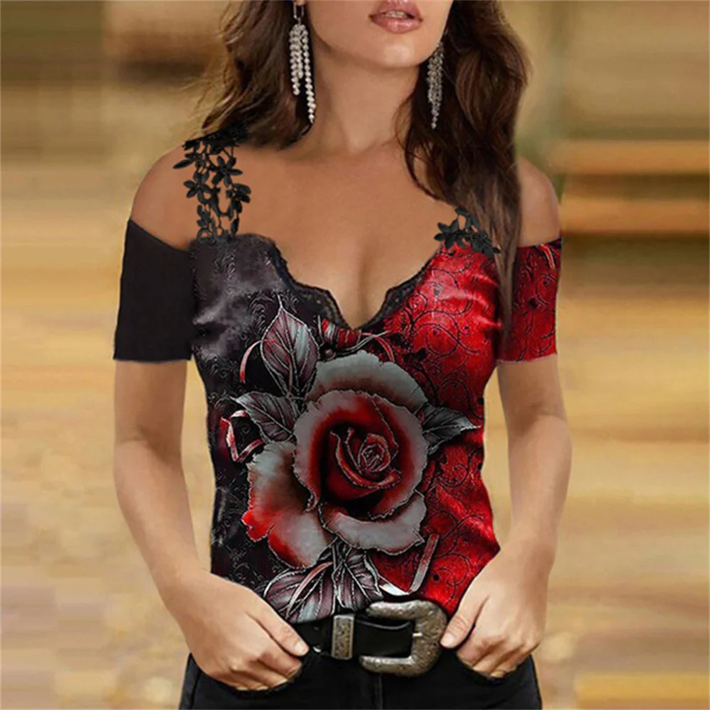2022 Women Sexy V Neck Off Shoulder Shirts Tops Rose Print Lace Suspenders Short Sleeve T-Shirt Ladies Casual Loose Clothing
2022 Women Sexy V Neck Off Shoulder Shirts Tops Rose Print Lace Suspenders Short Sleeve T-Shirt Ladies Casual Loose Clothing