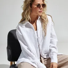 Suninbox 2023 Womens Spring Summer 100% Cotton Shirts Office Lady Casual Oversized Crepe Shirts White Long Sleeve Loose Blouse