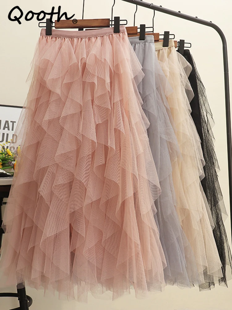 

Qooth Women Tulle Cake Mesh Skirt Elegant Elastic Waist Fairy Long A-line Tutu For Spring Summer QT2138