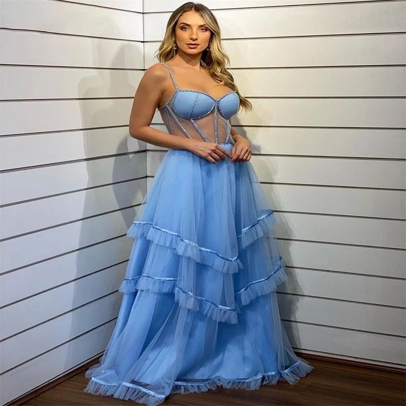 GIOIO Blue Corset Long Prom Gown Robe de Soiree Tiered Evening Gowns Spaghetti Straps Formal Party Dress 
GIOIO Blue Corset Long Prom Gown Robe de Soiree Tiered Evening Gowns Spaghetti Straps Formal Party Dress