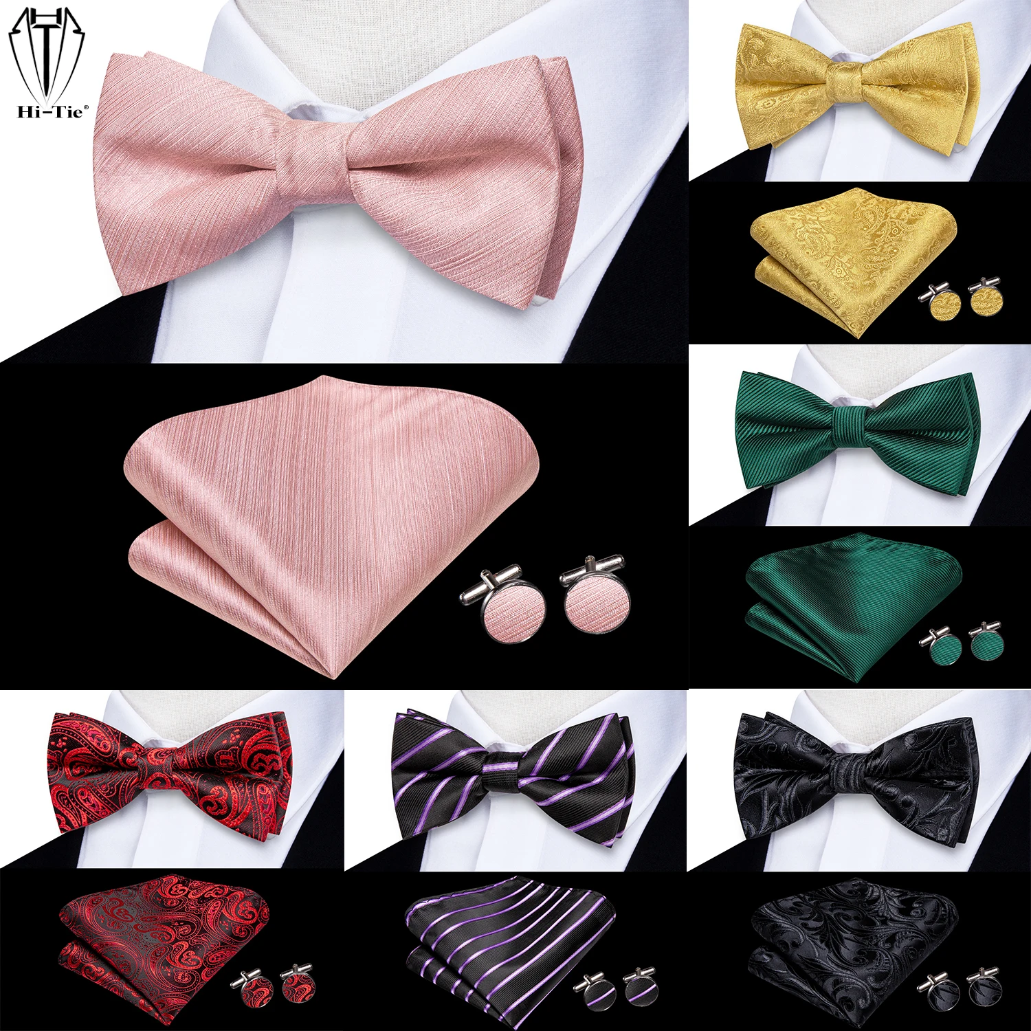 

Hi-Tie Silk Boys Bow Tie Hanky Cufflinks Set Pre-tied Butterfly Knot Bowtie for Children Teenager Pink Gold Green Black Burgundy