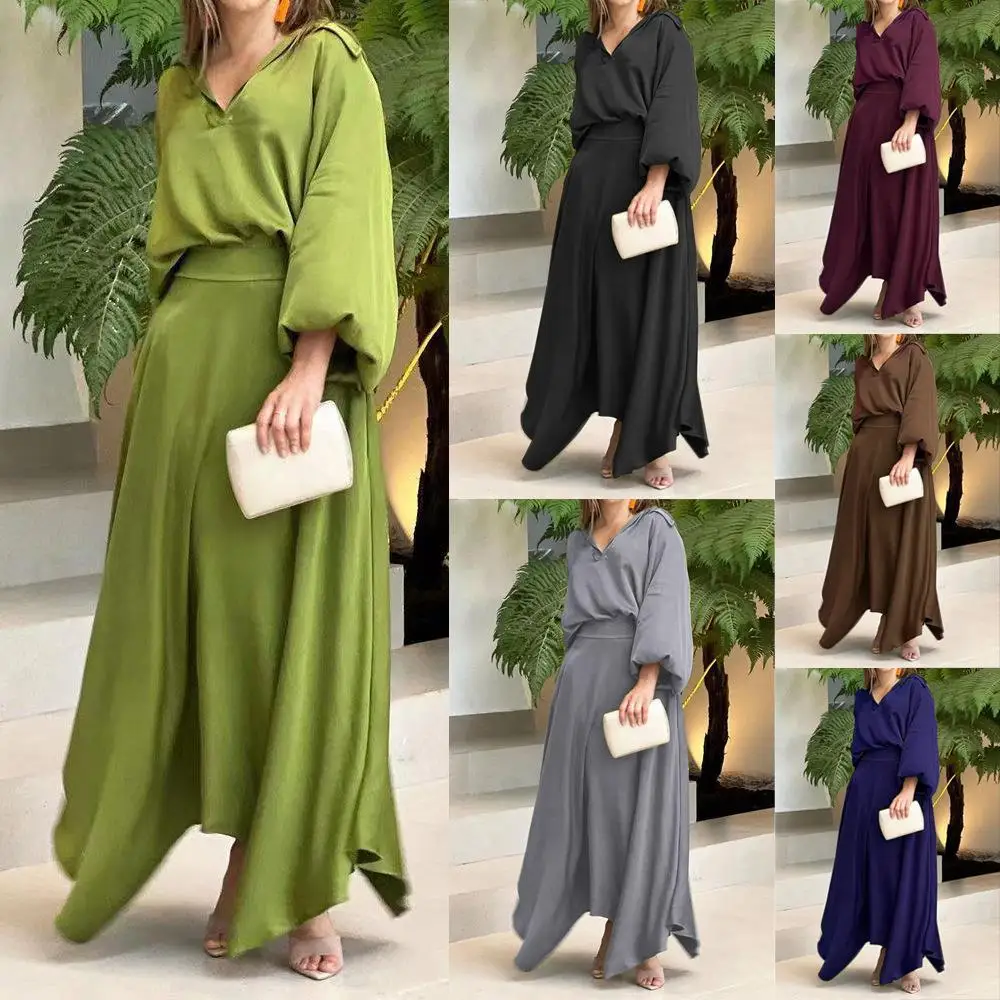 Women Top and Skirt Set Solid Color Dress V-neck Skirts Daily Elegant Dresses for Women
Women Top and Skirt Set Solid Color Dress V-neck Skirts Daily Elegant Dresses for Women