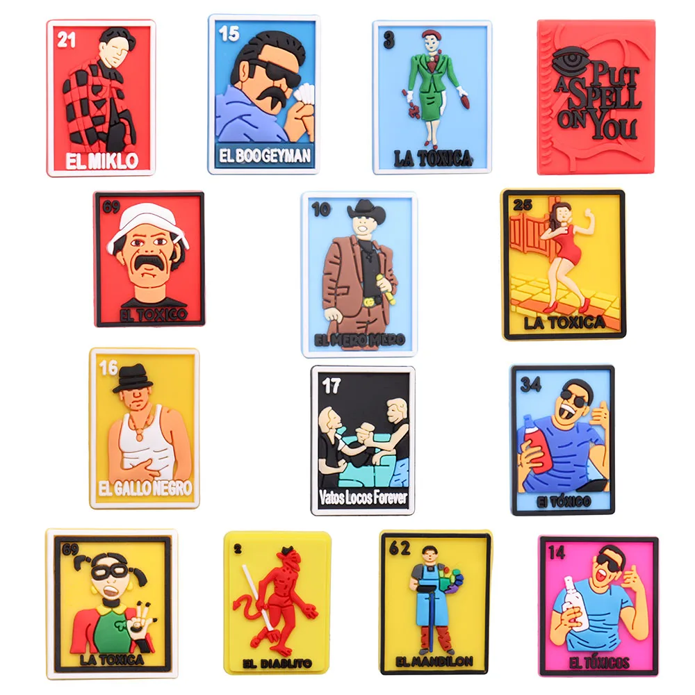 50PCS Cartoon Mexican Cards Shoe Charms Miklo Toxico La Toxica Gallo Negro Mero Diy Wristbands Croc Jibz Buckle Shoe Decoration
50PCS Cartoon Mexican Cards Shoe Charms Miklo Toxico La Toxica Gallo Negro Mero Diy Wristbands Croc Jibz Buckle Shoe Decoration