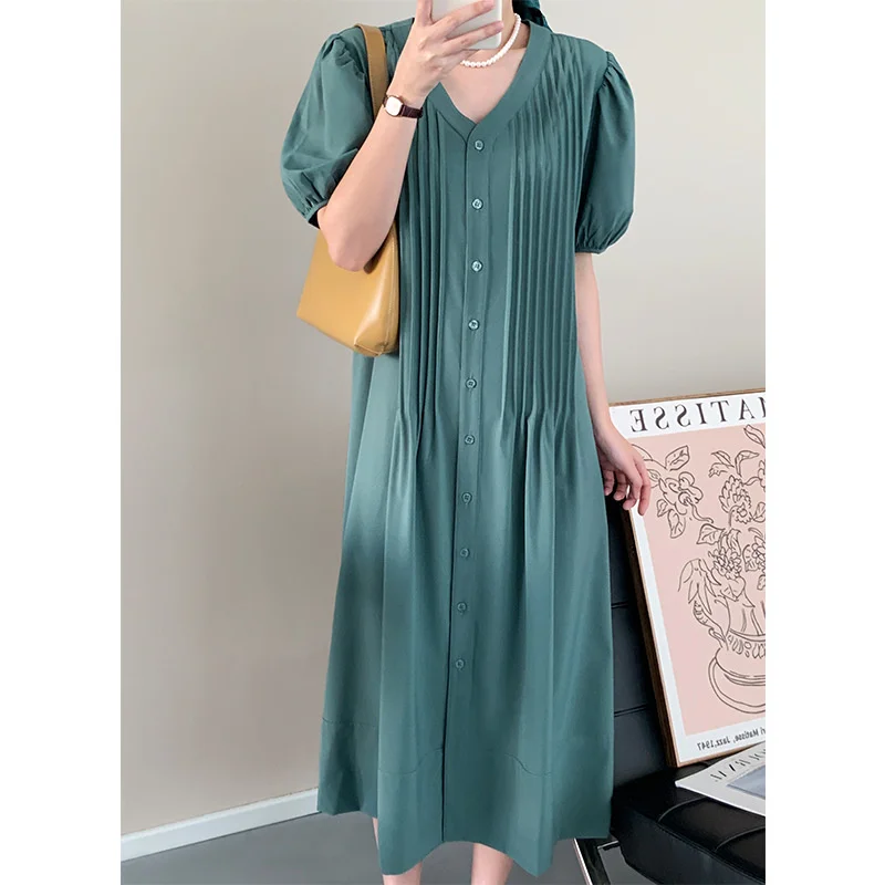 Organ Ruched V-neck Puff Sleeve Loose Solid Dress Blue Beige Summer Short Sleeve Button Up Women Dress
Organ Ruched V-neck Puff Sleeve Loose Solid Dress Blue Beige Summer Short Sleeve Button Up Women Dress
