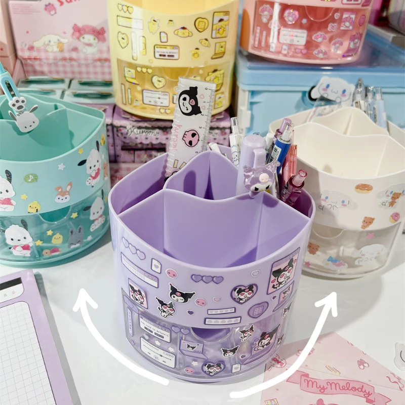 

Sanrio Kuromi My Melody Pen Holder Rotatable Desktop Multi-Grid Finishing Stationery Cute Girl Heart Storage Box Pen Container