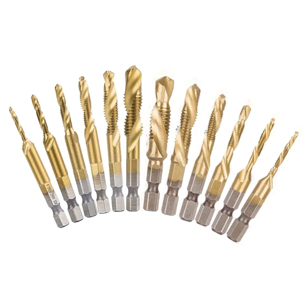 12pcs Tap Drill Bit Hex Shank Titanium Plated HSS Screw Thread M3 - M10 Compound Tap 1/4 Inch Shank For Drilling Tapping Cutting
12pcs Tap Drill Bit Hex Shank Titanium Plated HSS Screw Thread M3 - M10 Compound Tap 1/4 Inch Shank For Drilling Tapping Cutting