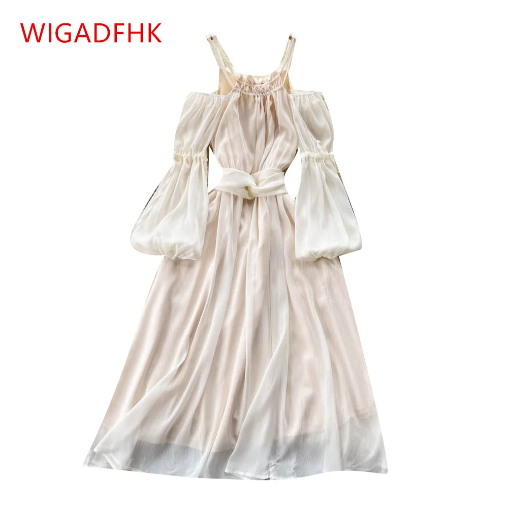 French Halter Dress Female Romantic Gentle Wind Retro Off-the-shoulder Puff Sleeves Waist Chiffon Elegant Holiday Dress
French Halter Dress Female Romantic Gentle Wind Retro Off-the-shoulder Puff Sleeves Waist Chiffon Elegant Holiday Dress